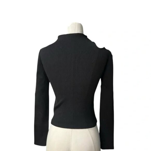 Anthropologie Long Sleeve Black Cut Out Top Ribbed knit Asymmetrical shirt in XS - Picture 2 of 6